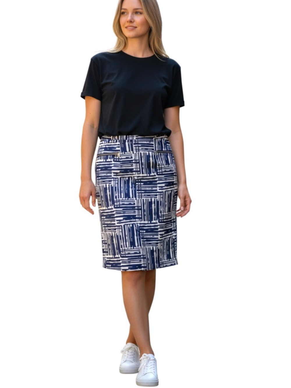 New Linea Domani Navy/White Cotton Zip Pocket Knee Length Pencil Skirt (10)